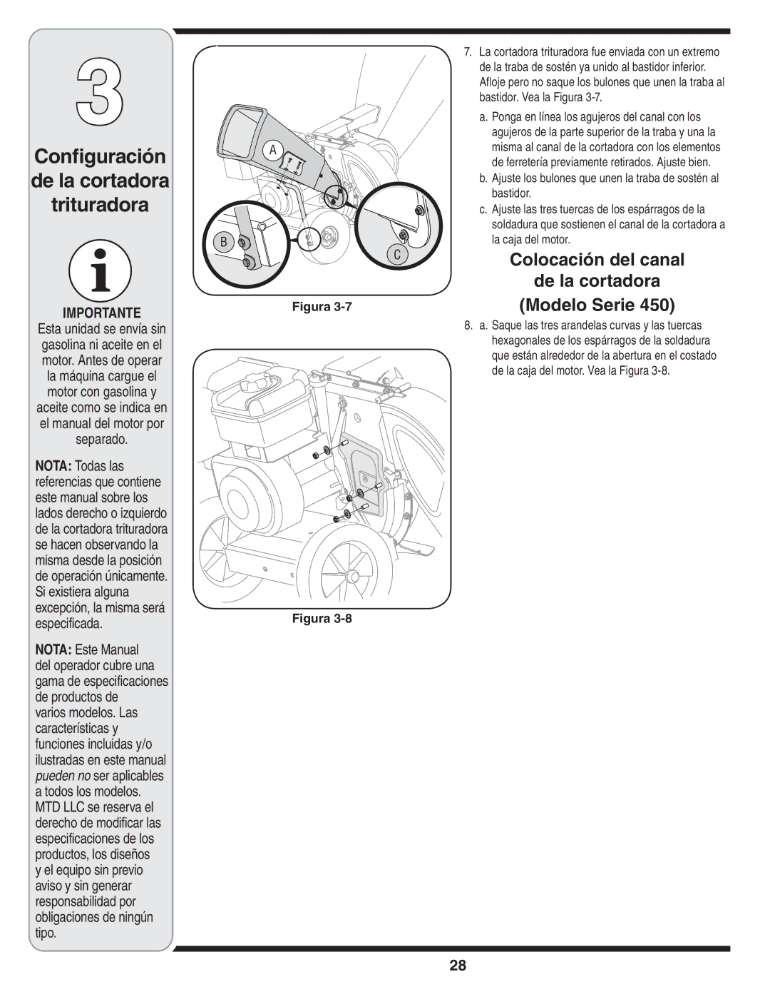 Bolens 460 Series, 450 Series warranty Colocación del canal, Bastidor 