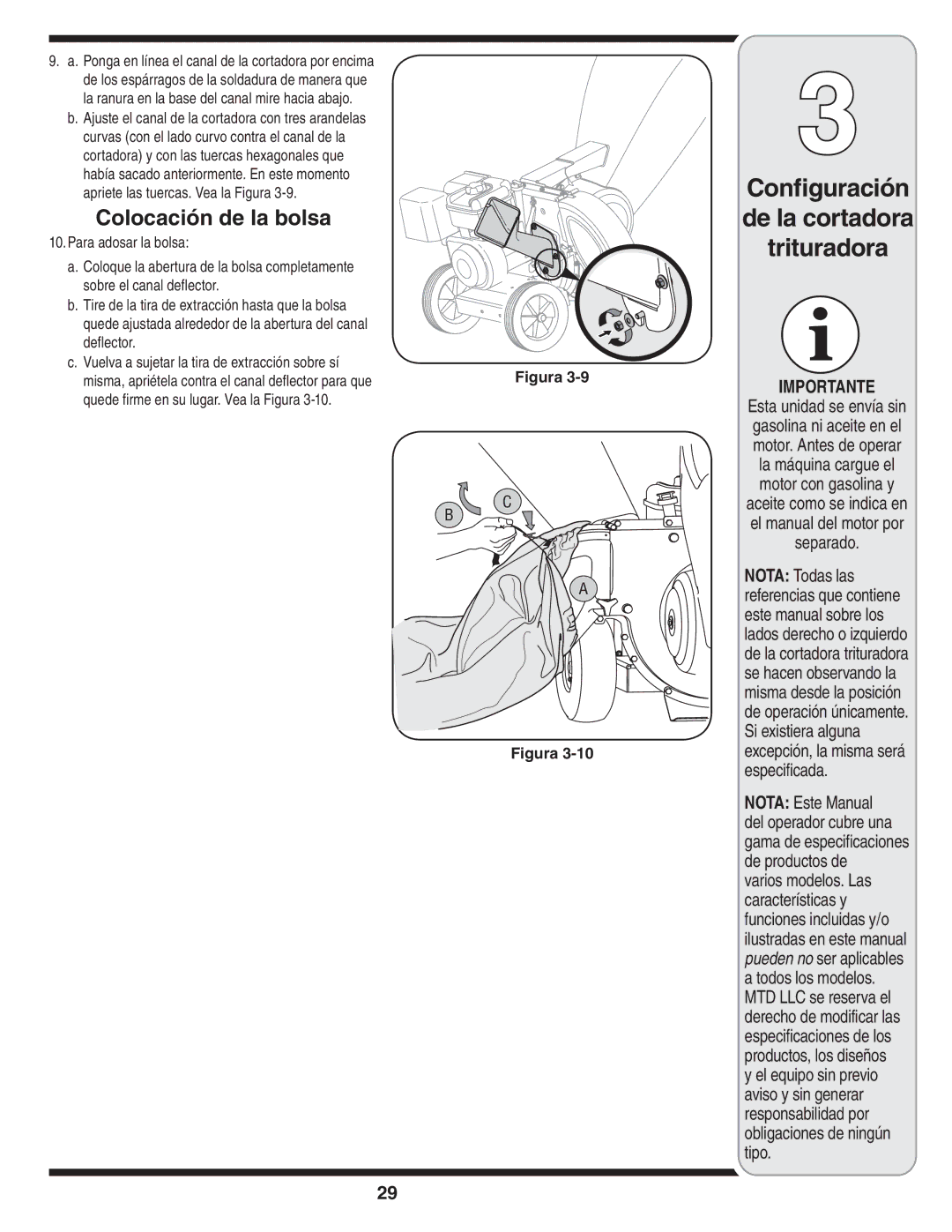 Bolens 450 Series, 460 Series warranty Colocación de la bolsa 