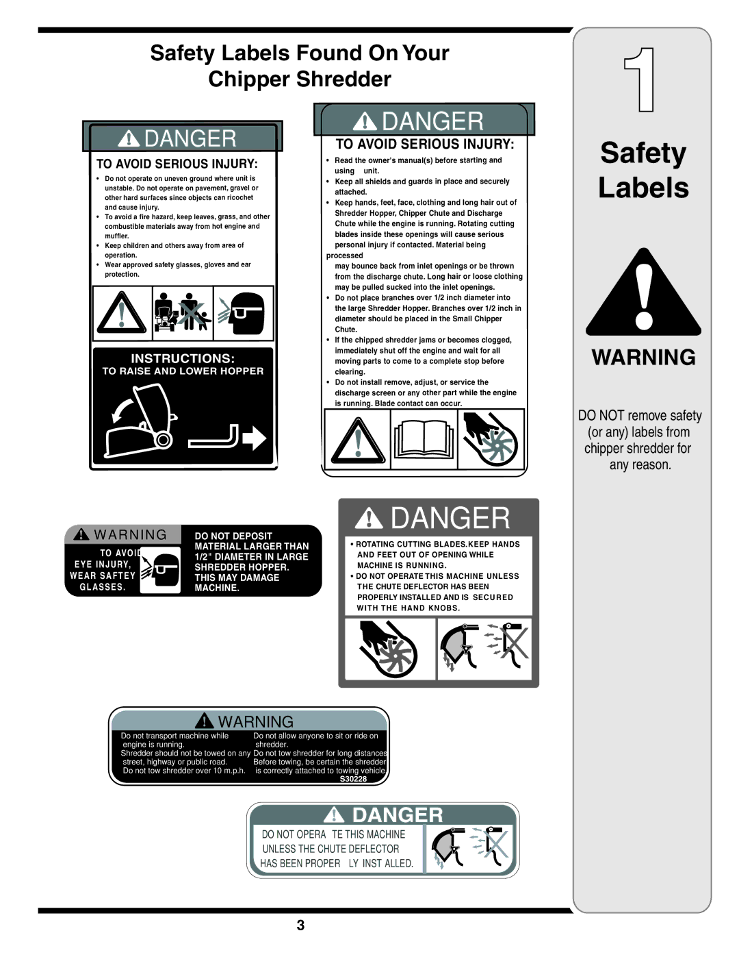 Bolens 450 Series, 460 Series warranty Safety Labels Found On Your Chipper Shredder, Do not remove safety 