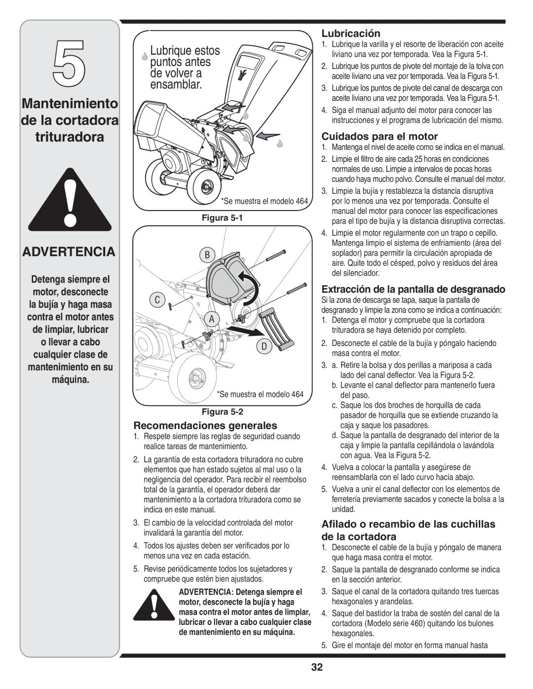 Bolens 460 Series Recomendaciones generales, Lubricación, Cuidados para el motor, Extracción de la pantalla de desgranado 