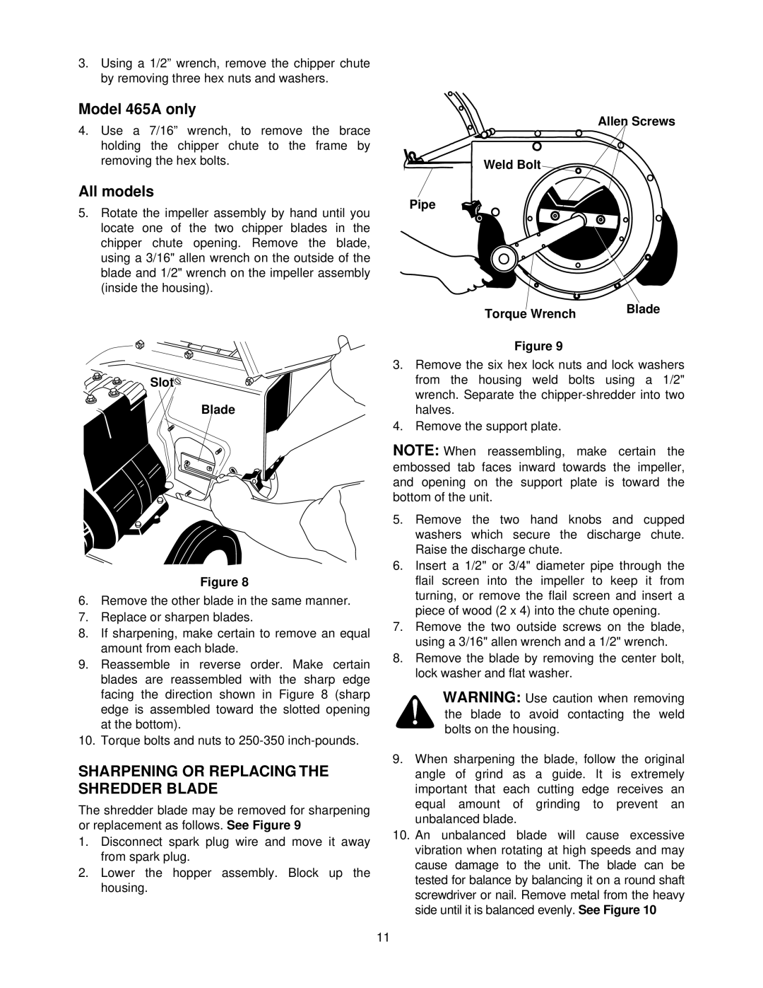 Bolens 462 Thru 465 manual Model 465A only, Sharpening or Replacing the Shredder Blade 