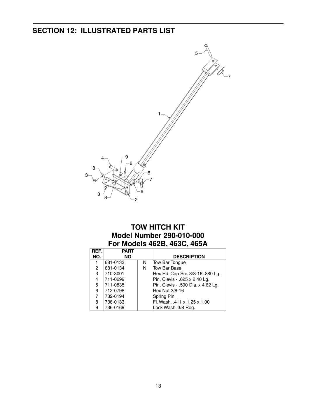 Bolens 462 Thru 465 manual Illustrated Parts List TOW Hitch KIT, Model Number For Models 462B, 463C, 465A 