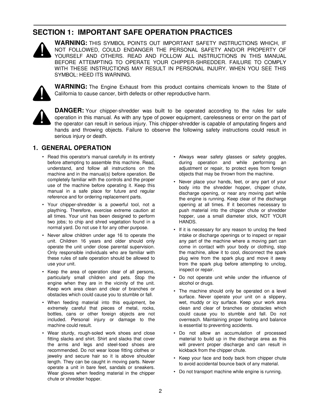 Bolens 462 Thru 465 manual Important Safe Operation Practices, General Operation 