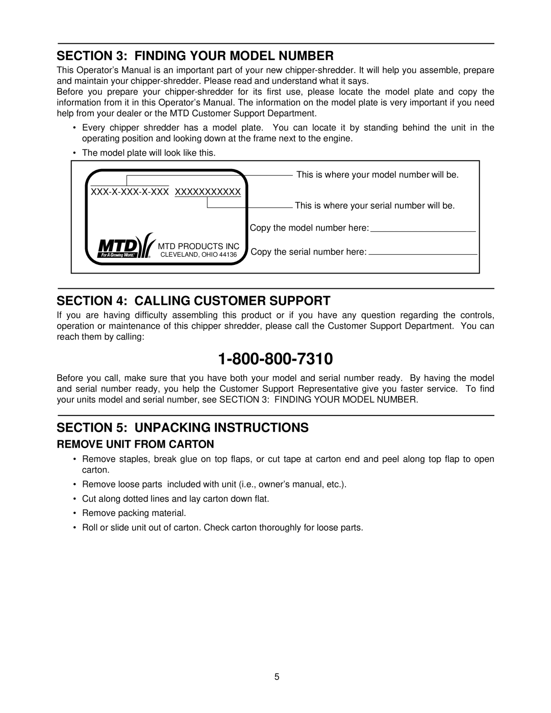 Bolens 462 Thru 465 Finding Your Model Number, Calling Customer Support, Unpacking Instructions, Remove Unit from Carton 