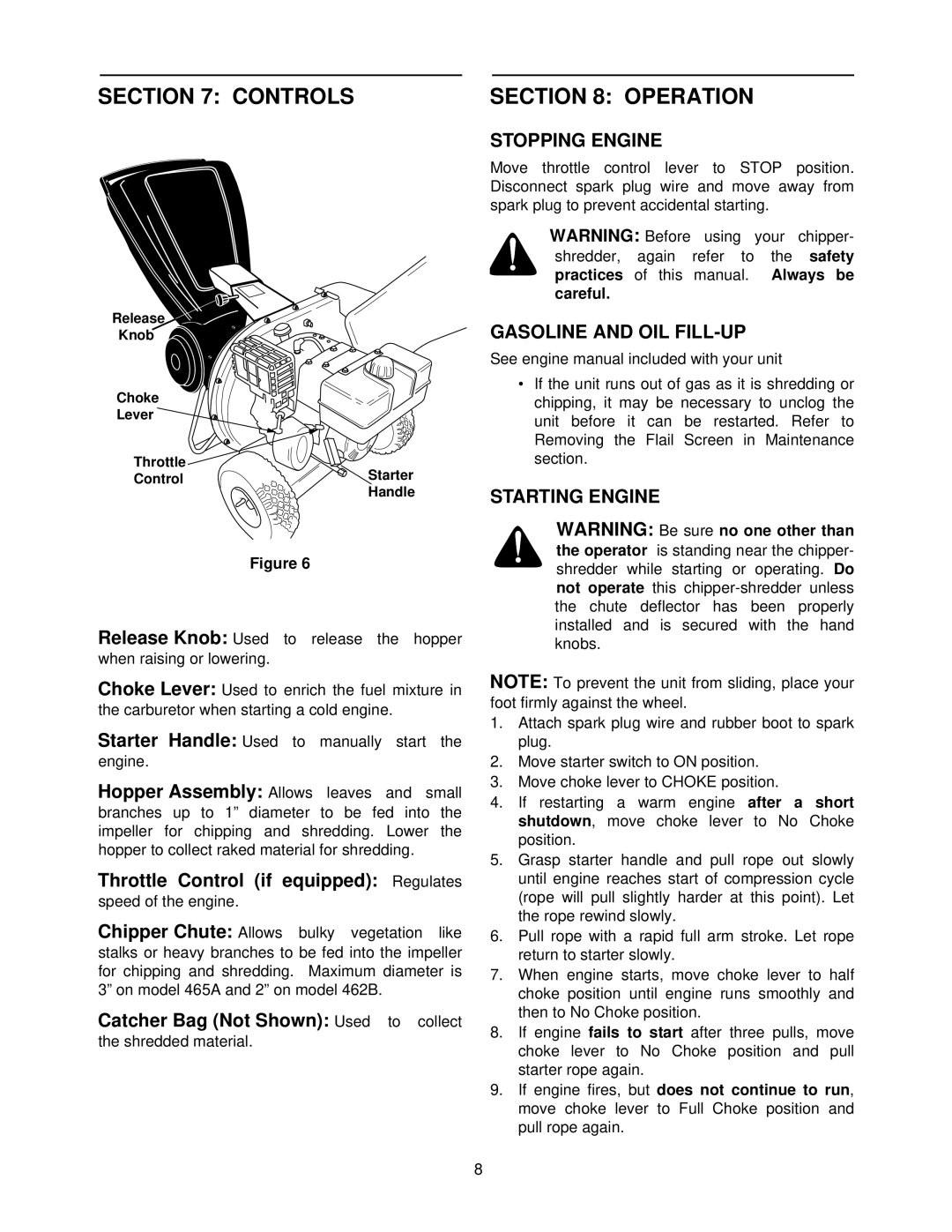 Bolens 462 Thru 465 manual Controls, Stopping Engine, Gasoline and OIL FILL-UP, Starting Engine 