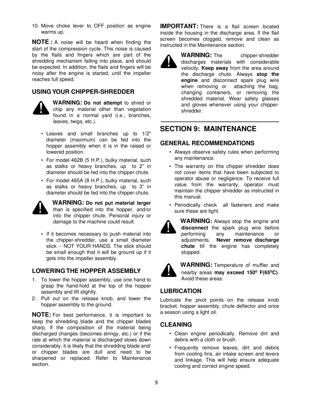 Bolens 462 Thru 465 manual Maintenance 