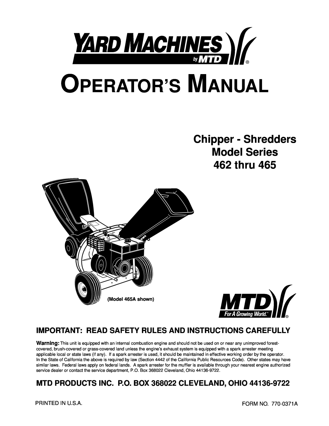 Bolens 462 Thru 465 manual Important Read Safety Rules And Instructions Carefully, Operator’S Manual, Model 465A shown 