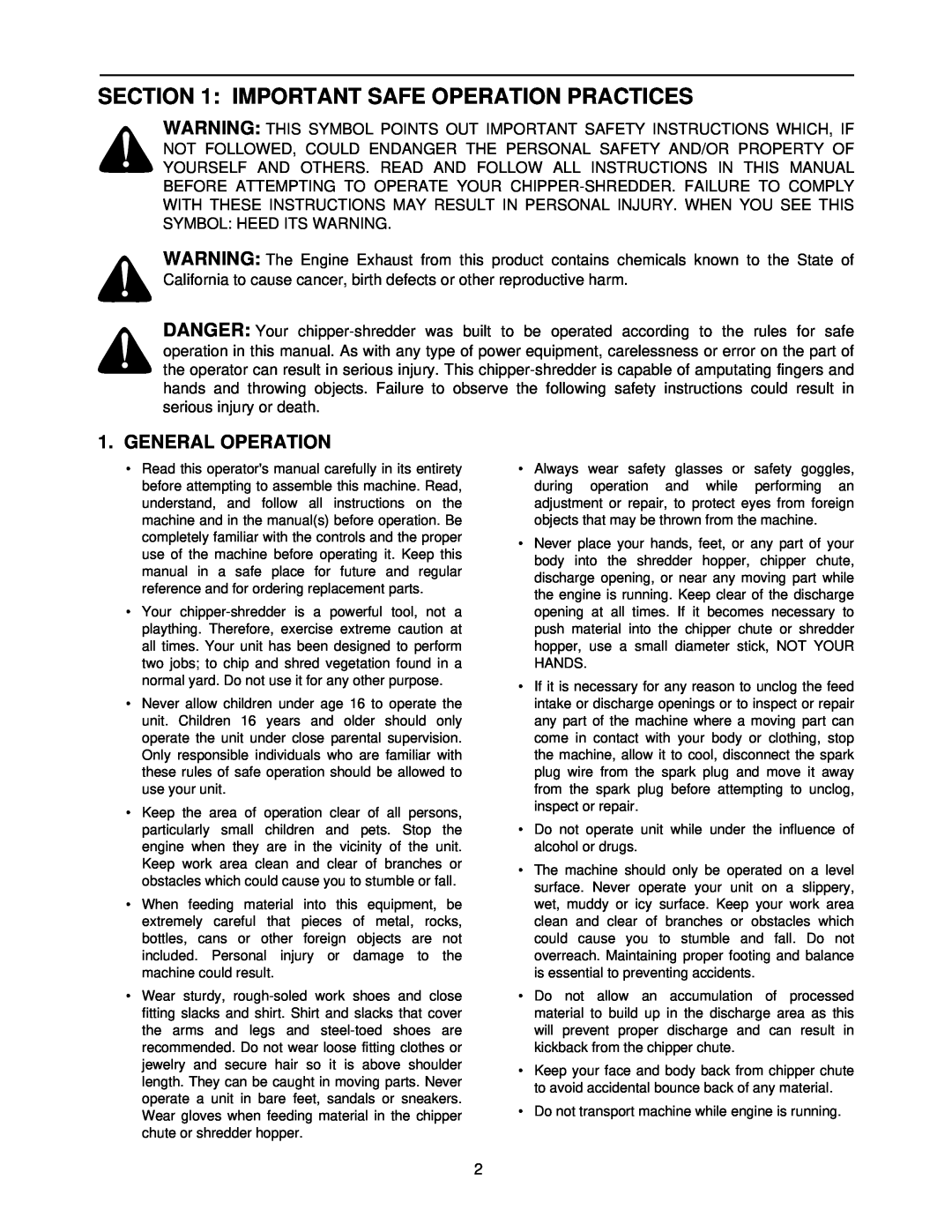 Bolens 462 Thru 465 manual Important Safe Operation Practices, General Operation 