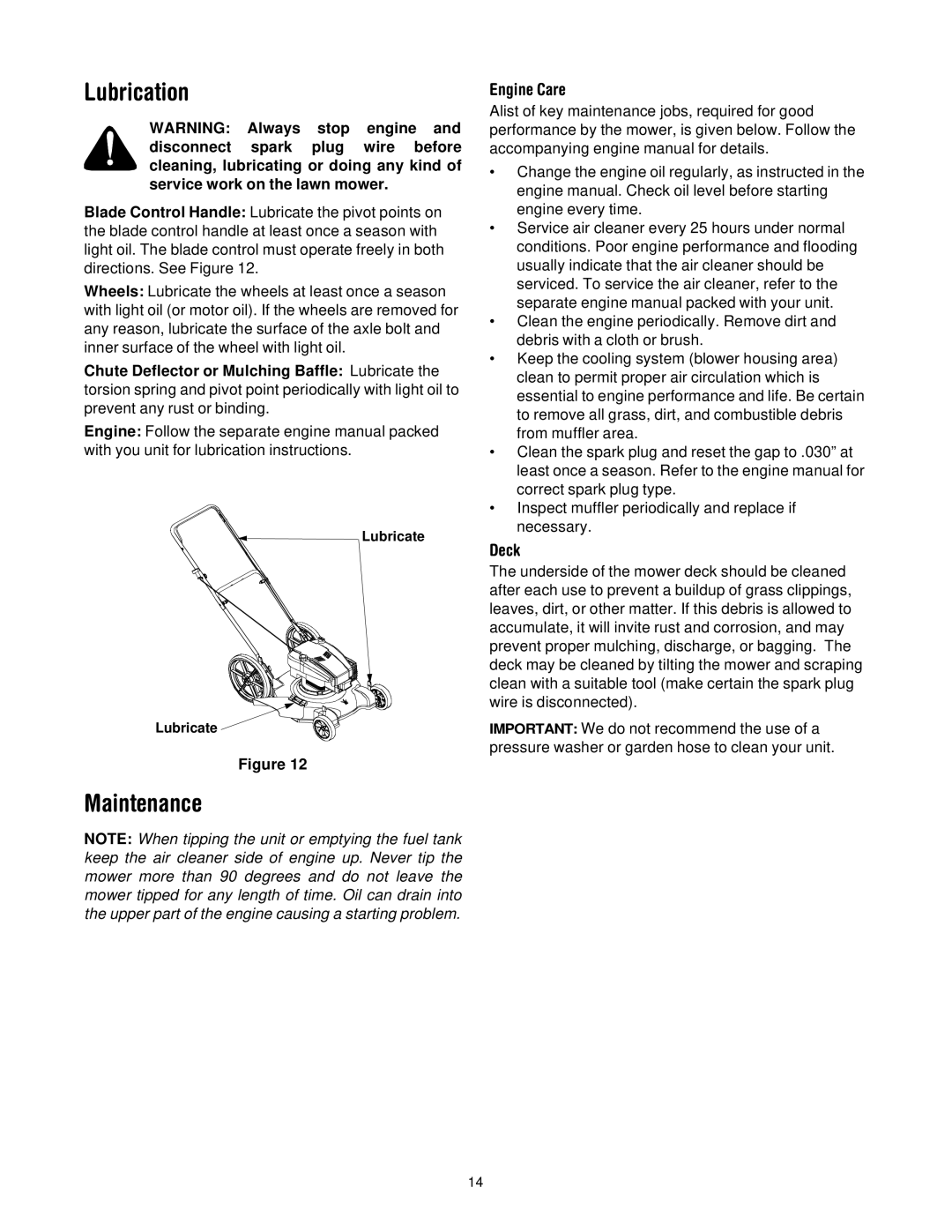 Bolens 506 manual Lubrication, Maintenance, Engine Care, Deck 