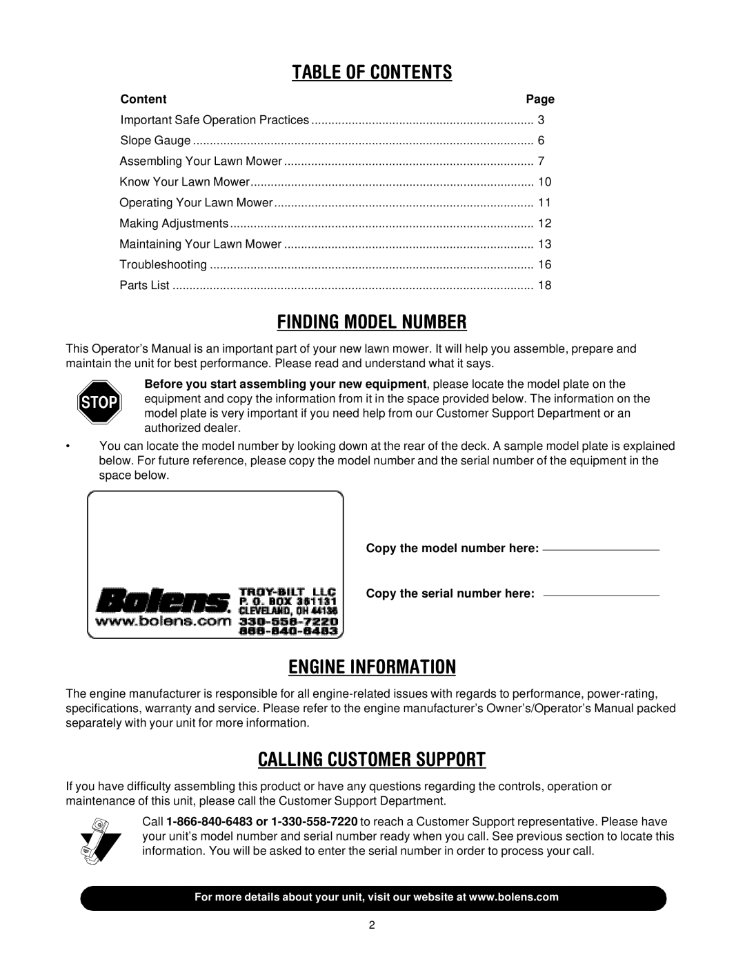 Bolens 506 manual Table of Contents 