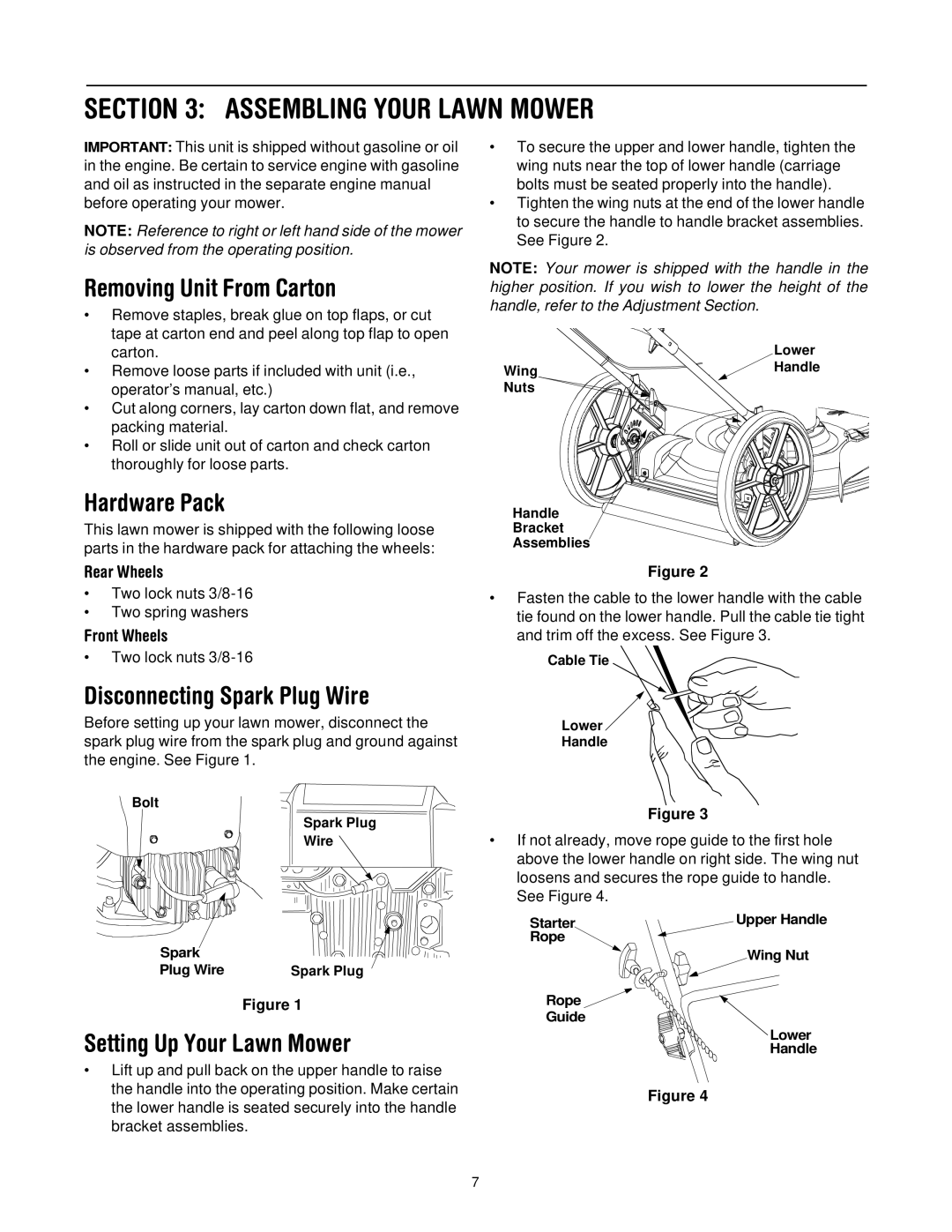 Bolens 506 manual Assembling Your Lawn Mower, Removing Unit From Carton, Hardware Pack, Disconnecting Spark Plug Wire 