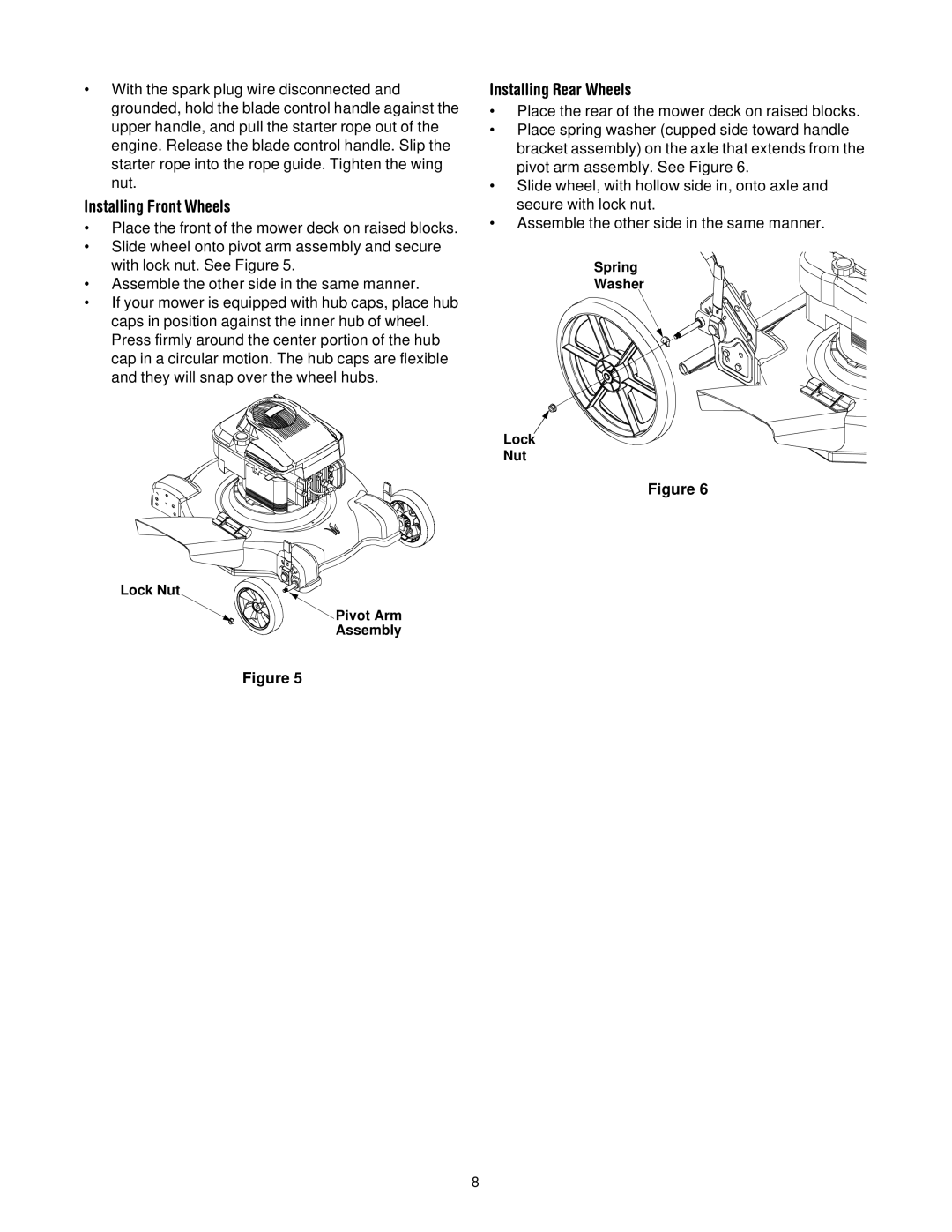 Bolens 506 manual Installing Front Wheels, Installing Rear Wheels 