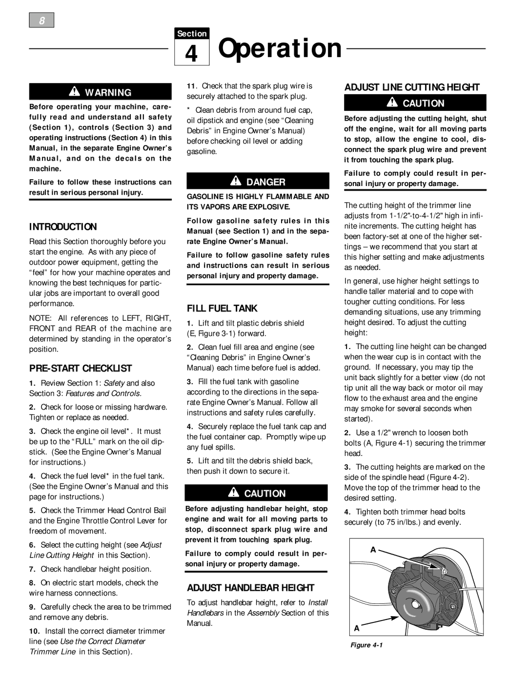 Bolens 52068 - 5HP Operation, PRE-START Checklist, Fill Fuel Tank, Adjust Handlebar Height, Adjust Line Cutting Height 