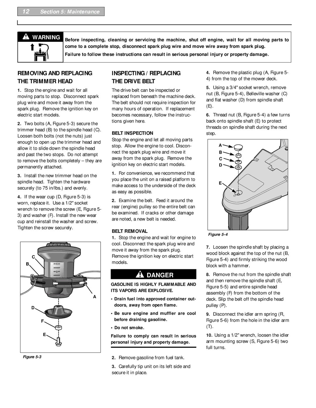 Bolens 52068 - 5HP, 52069-6HP Maintenance, Belt Inspection, Belt Removal, Removing and Replacing the Trimmer Head 