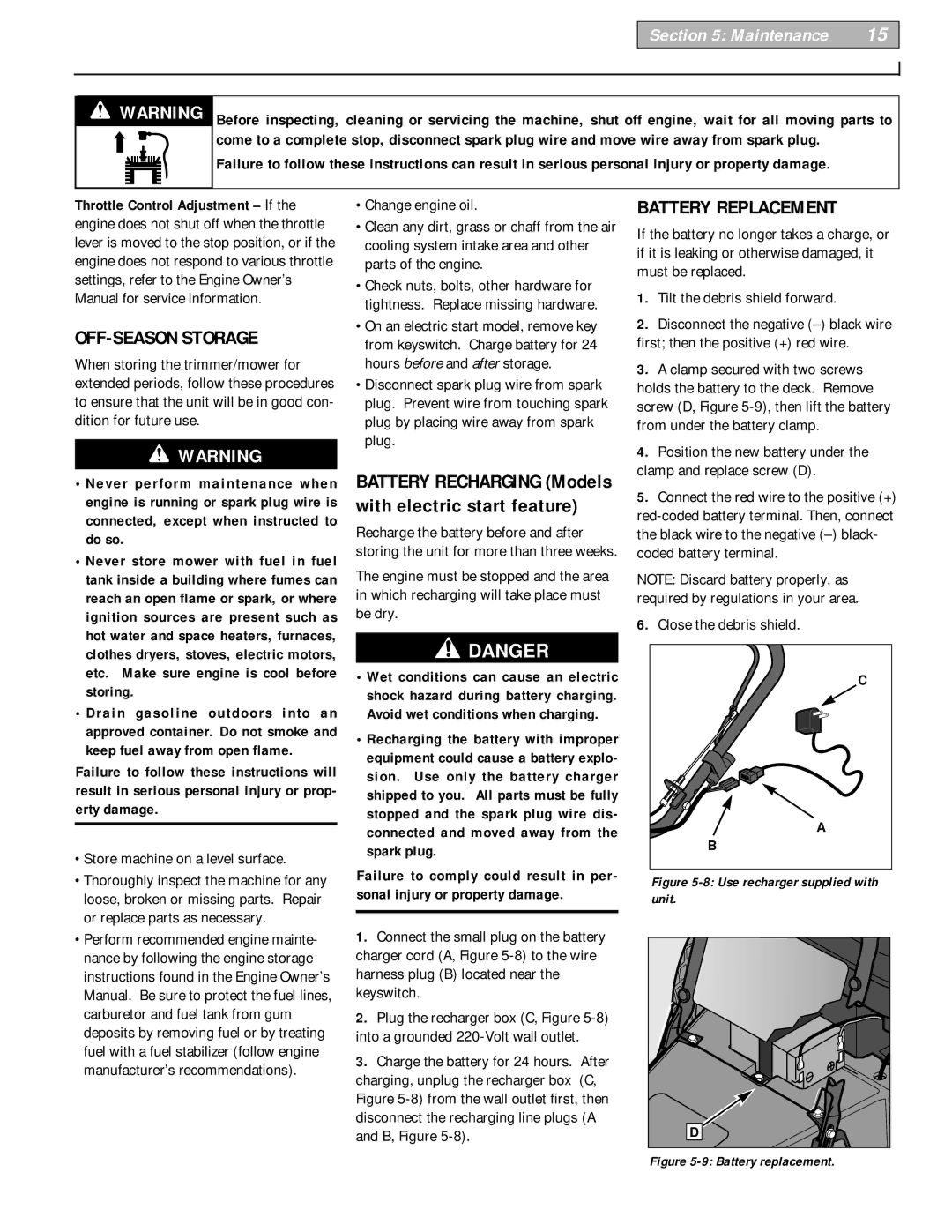 Bolens 52069-6HP, 52068 - 5HP owner manual OFF-SEASON Storage, Battery Replacement, Store machine on a level surface 