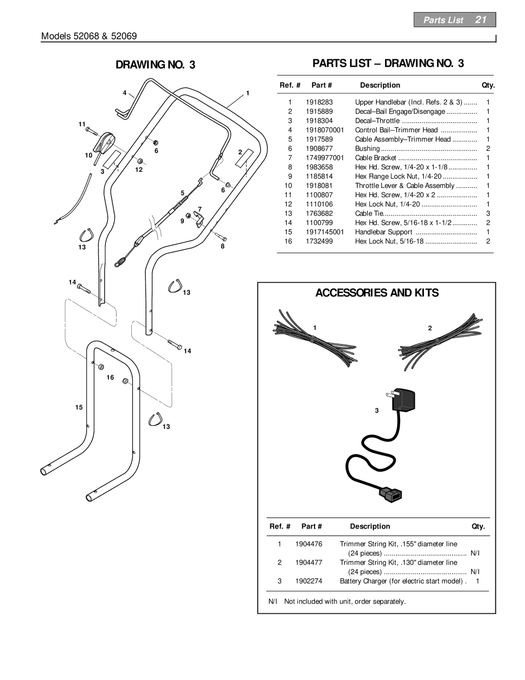 Bolens 52069-6HP, 52068 - 5HP owner manual Drawing no Parts List Drawing no 