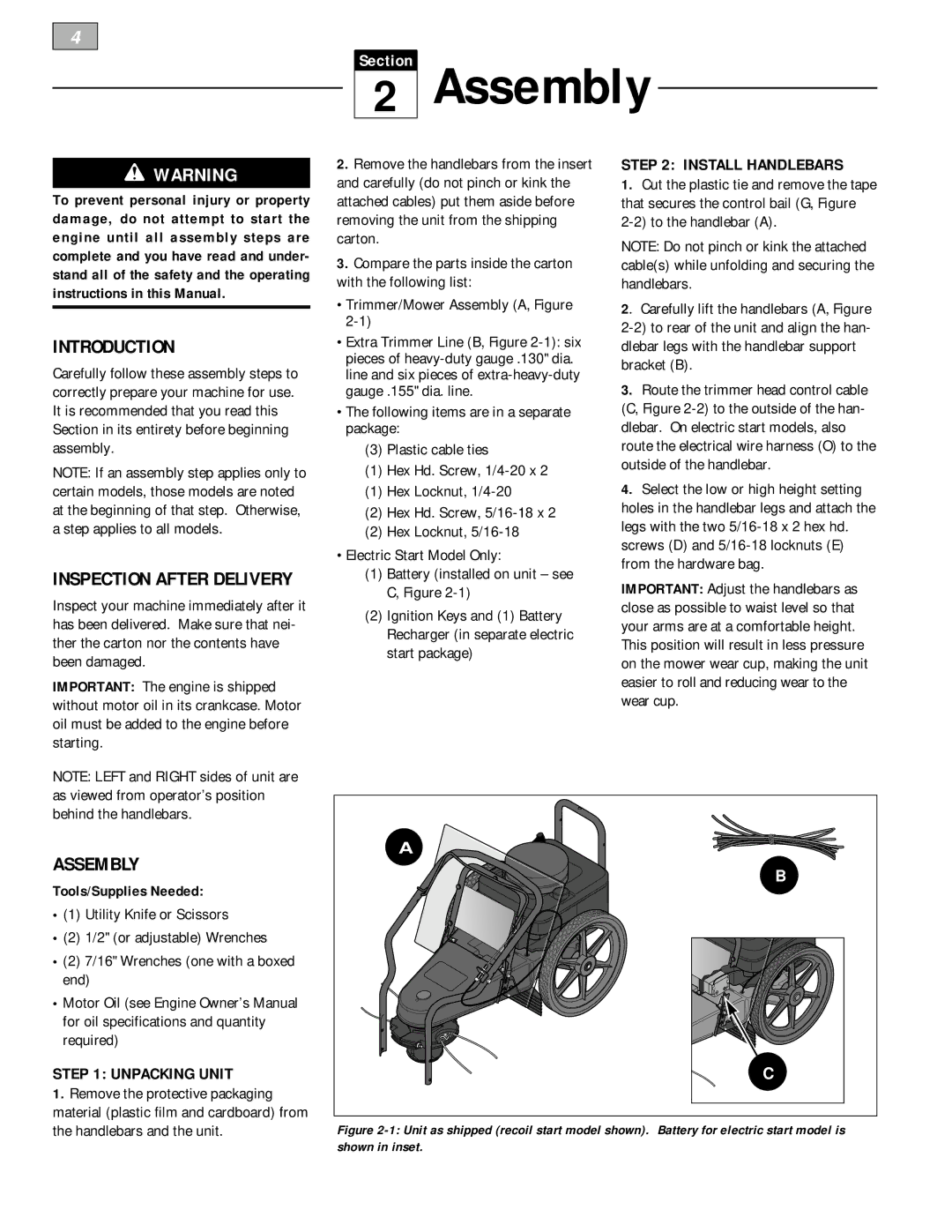 Bolens 52068 - 5HP, 52069-6HP owner manual Assembly, Introduction, Install Handlebars, Unpacking Unit 