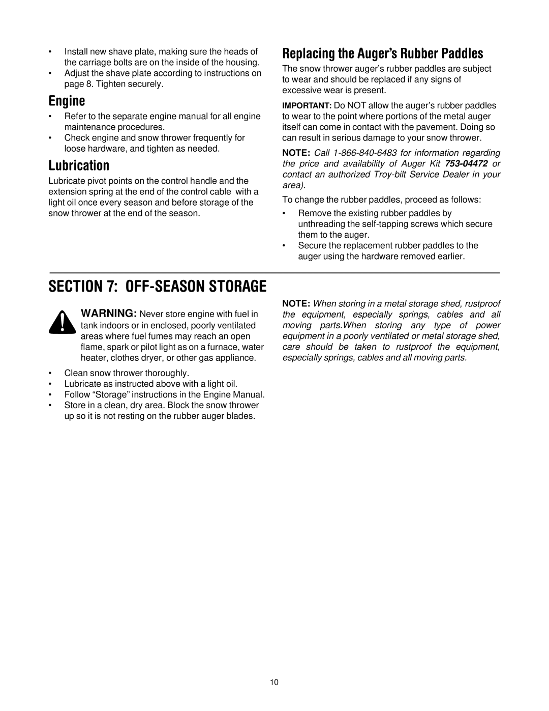 Bolens 521, 721 manual Engine, Lubrication, Replacing the Auger’s Rubber Paddles 