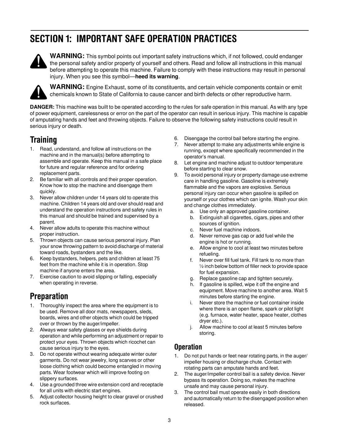 Bolens 721, 521 manual Important Safe Operation Practices, Training, Preparation 