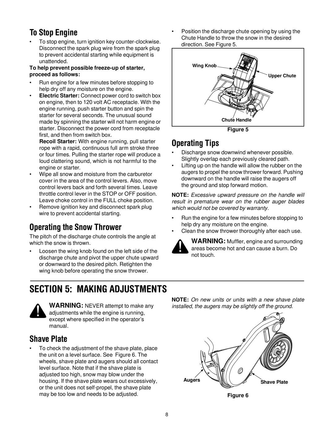 Bolens 521, 721 manual To Stop Engine, Operating the Snow Thrower, Operating Tips, Shave Plate 