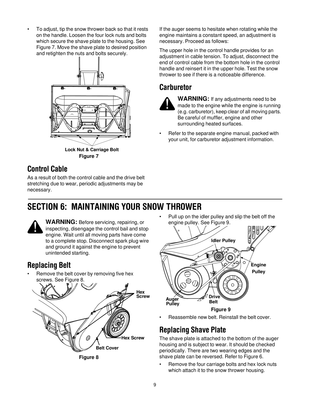 Bolens 721, 521 manual Maintaining Your Snow Thrower, Carburetor, Control Cable, Replacing Belt, Replacing Shave Plate 