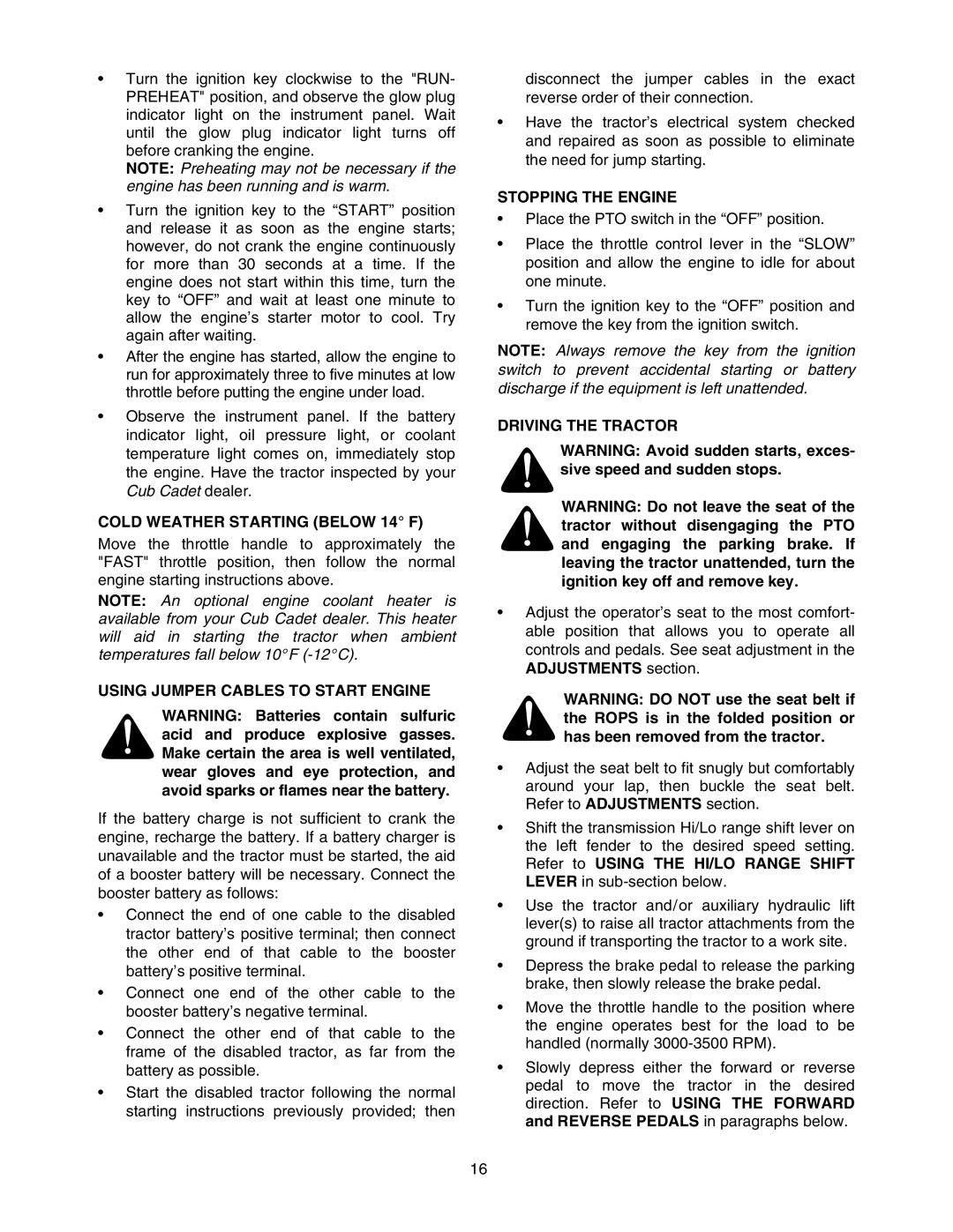 Bolens 5264D manual Cold Weather Starting below 14 F, Using Jumper Cables to Start Engine, Stopping the Engine 