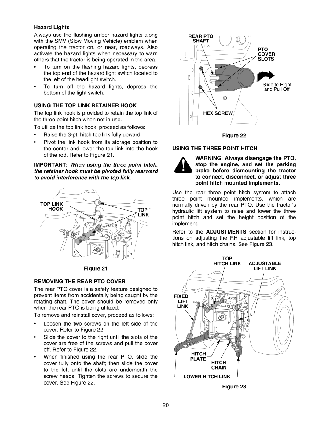 Bolens 5264D Hazard Lights, Using the TOP Link Retainer Hook, Removing the Rear PTO Cover, Using the Three Point Hitch 