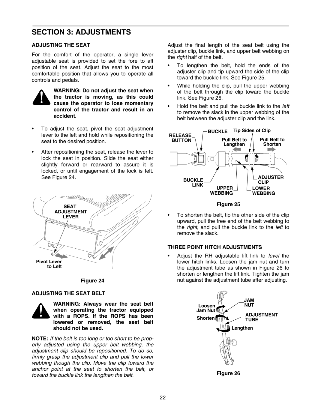 Bolens 5264D manual Adjusting the Seat Belt, Three Point Hitch Adjustments 