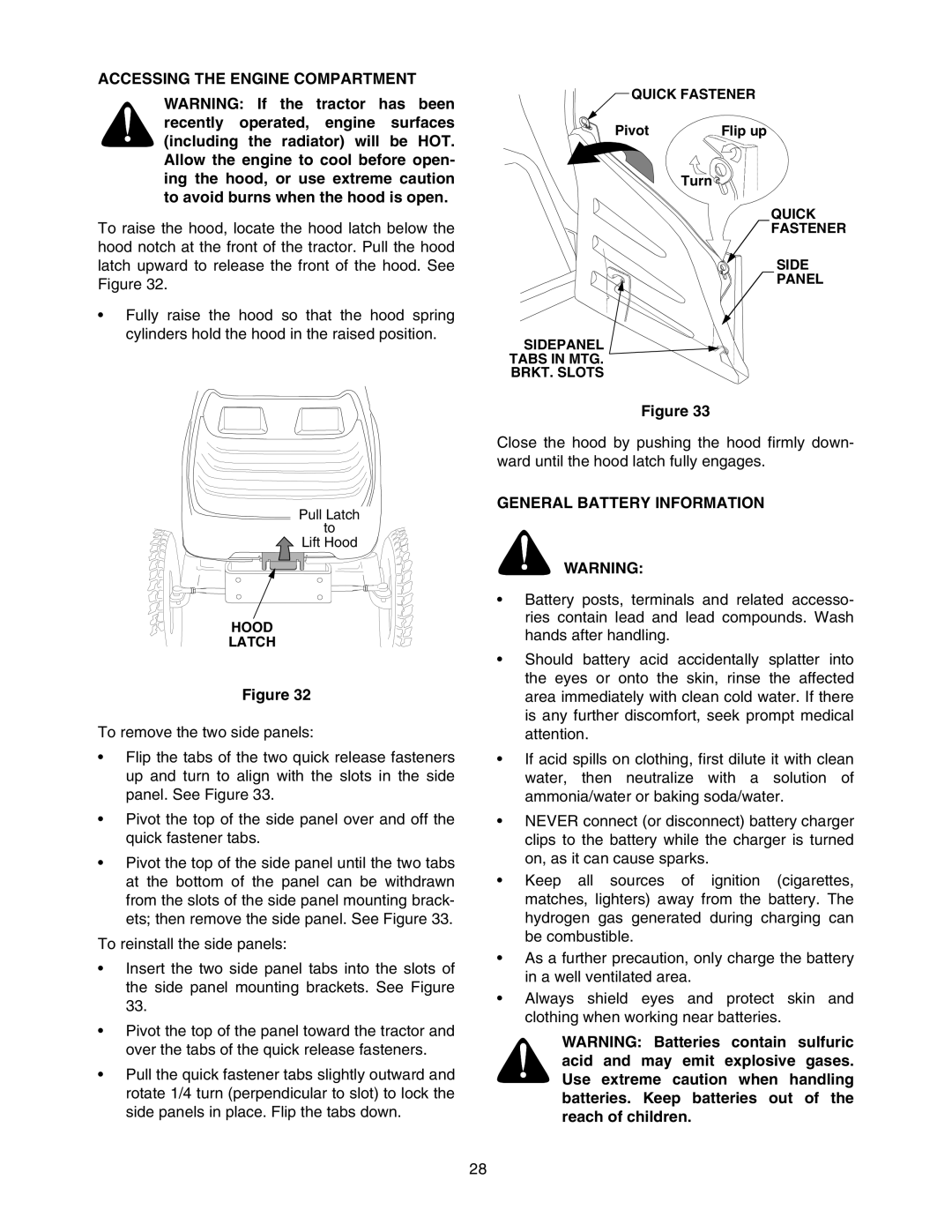 Bolens 5264D manual Accessing the Engine Compartment, General Battery Information 