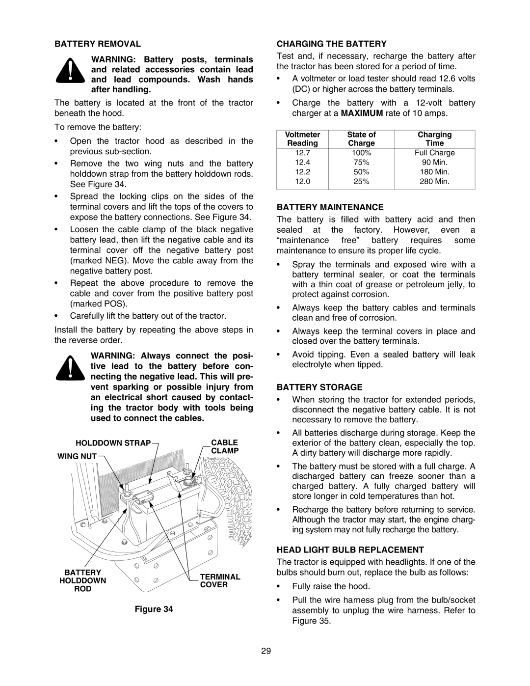 Bolens 5264D Battery Removal, Charging the Battery, Battery Maintenance, Battery Storage, Head Light Bulb Replacement 