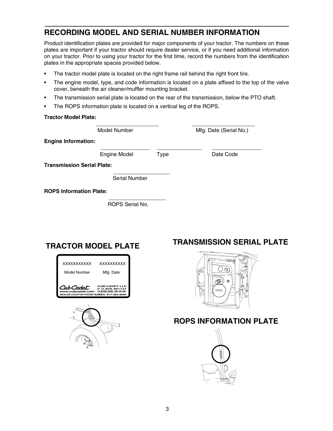 Bolens 5264D manual Recording Model and Serial Number Information, Rops Information Plate 