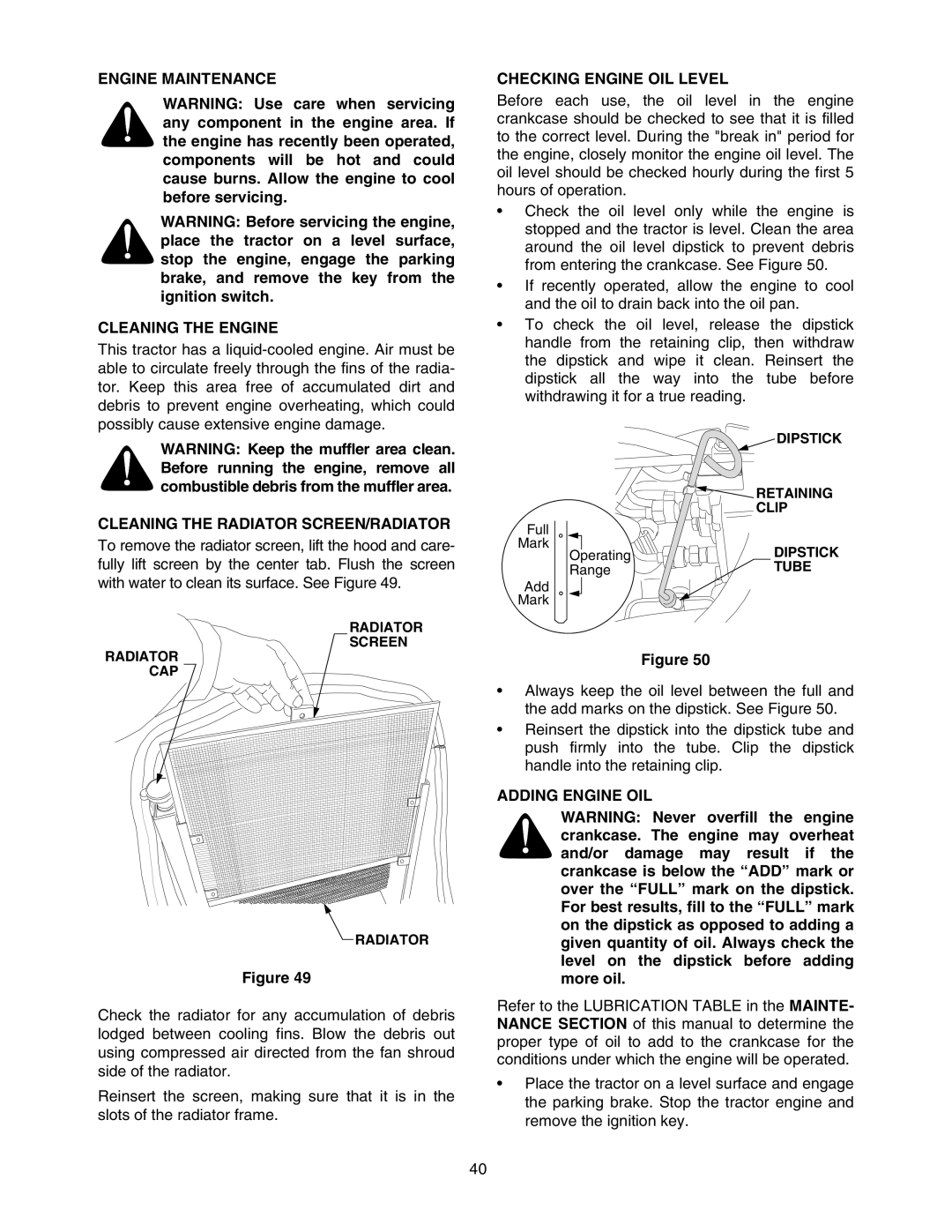 Bolens 5264D Engine Maintenance Cleaning the Engine, Cleaning the Radiator SCREEN/RADIATOR, Checking Engine OIL Level 