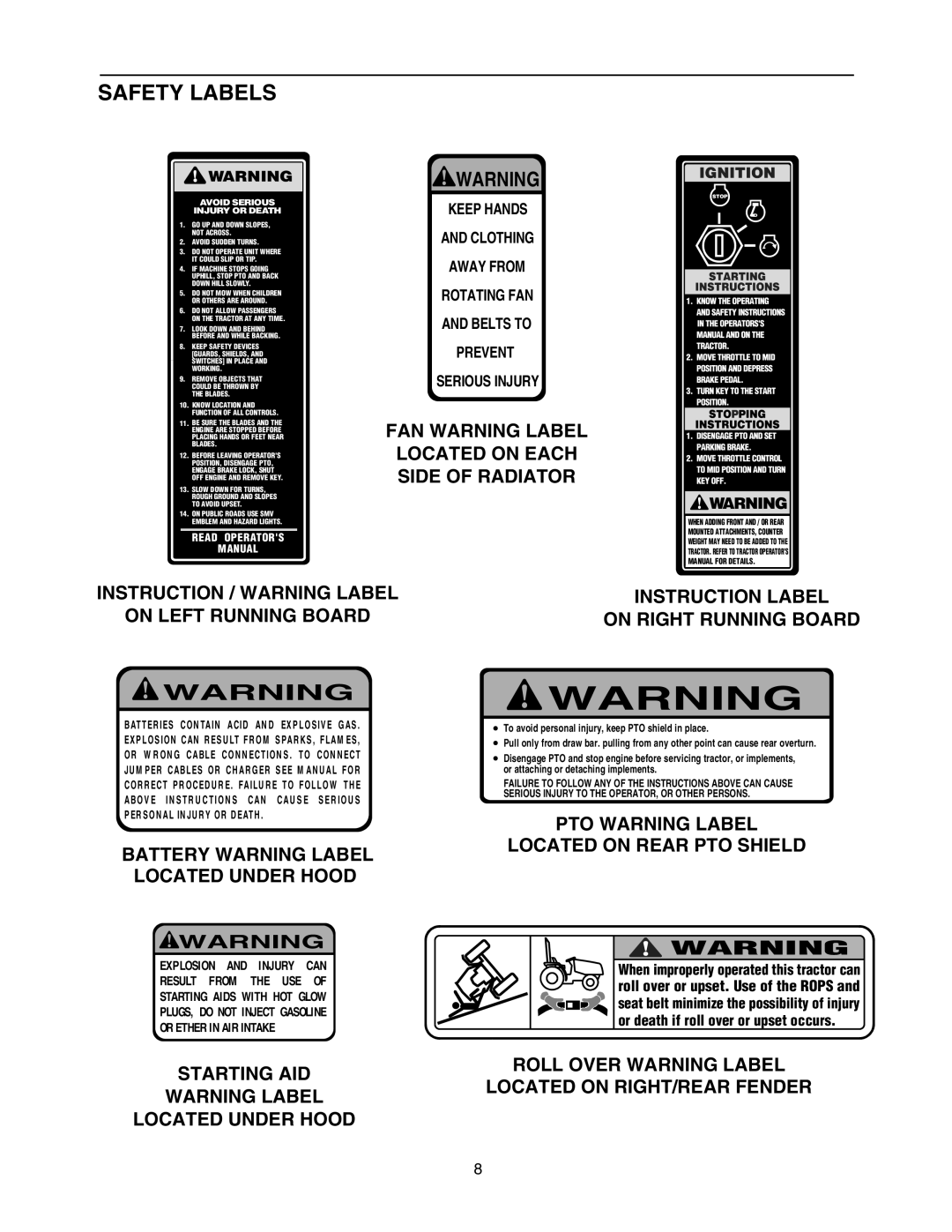 Bolens 5264D Safety Labels, FAN Warning Label Located on Each Side of Radiator, Battery Warning Label Located Under Hood 