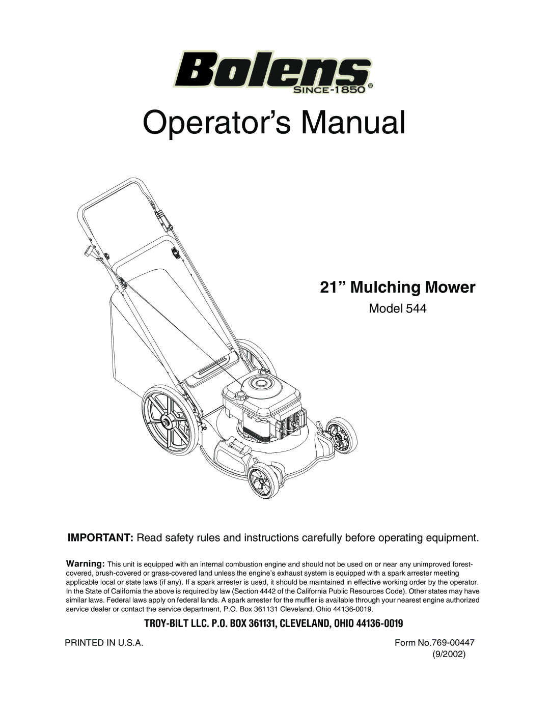 Bolens 544 manual Operator’s Manual 