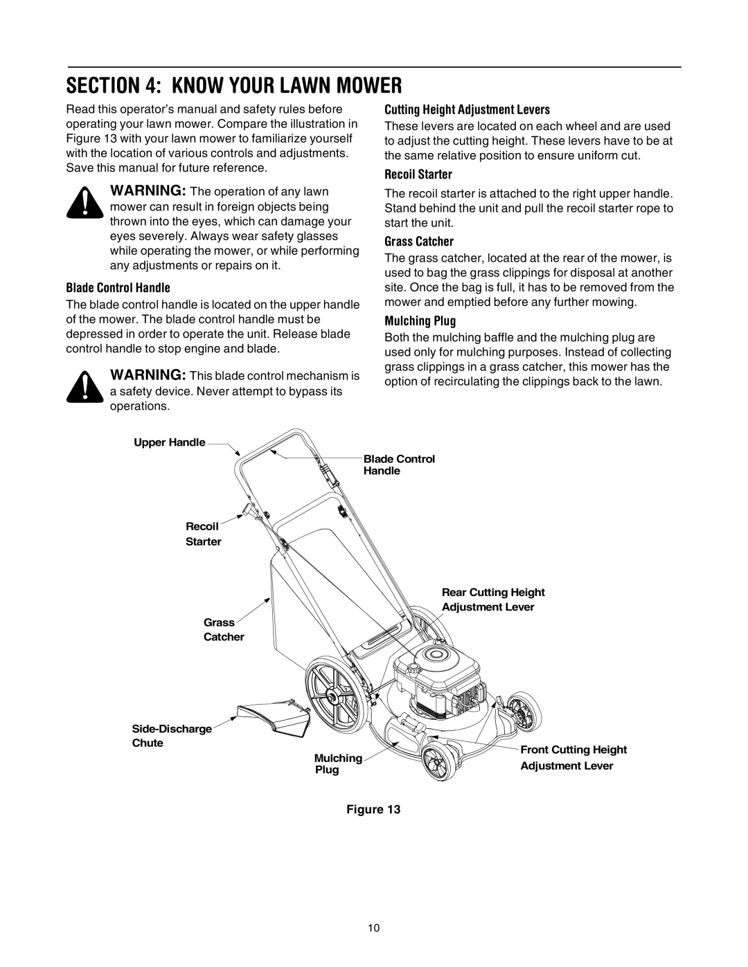 Bolens 544 Know Your Lawn Mower, Cutting Height Adjustment Levers, Recoil Starter Blade Control Handle, Grass Catcher 