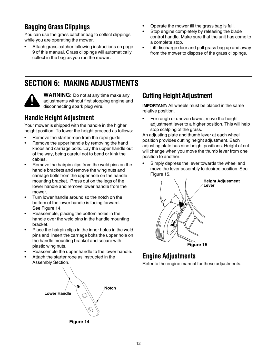 Bolens 544 manual Bagging Grass Clippings, Handle Height Adjustment, Cutting Height Adjustment, Engine Adjustments 