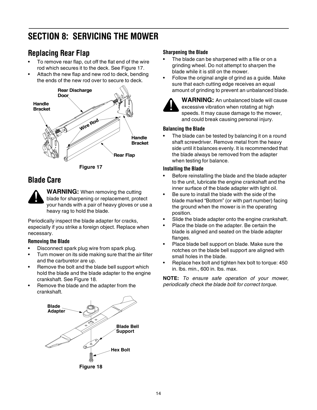 Bolens 544 manual Servicing the Mower, Replacing Rear Flap, Blade Care 