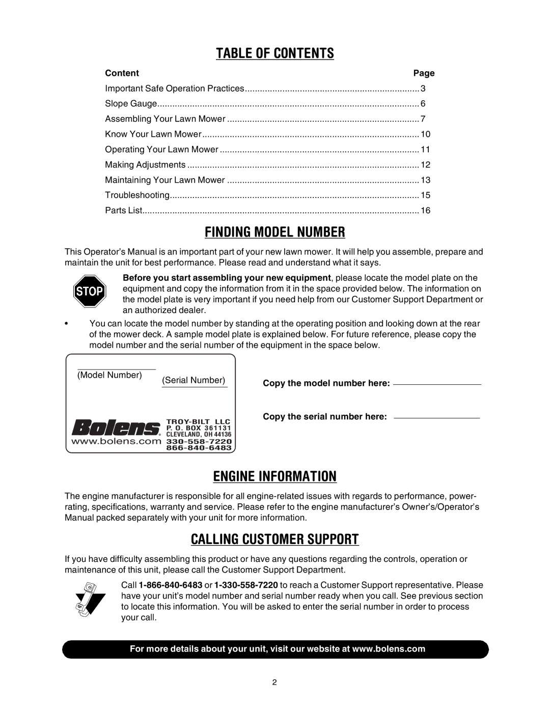 Bolens 544 manual Table of Contents 