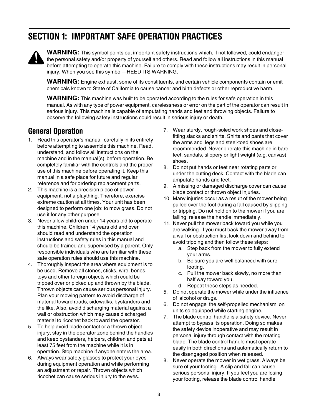 Bolens 544 manual Important Safe Operation Practices, General Operation 