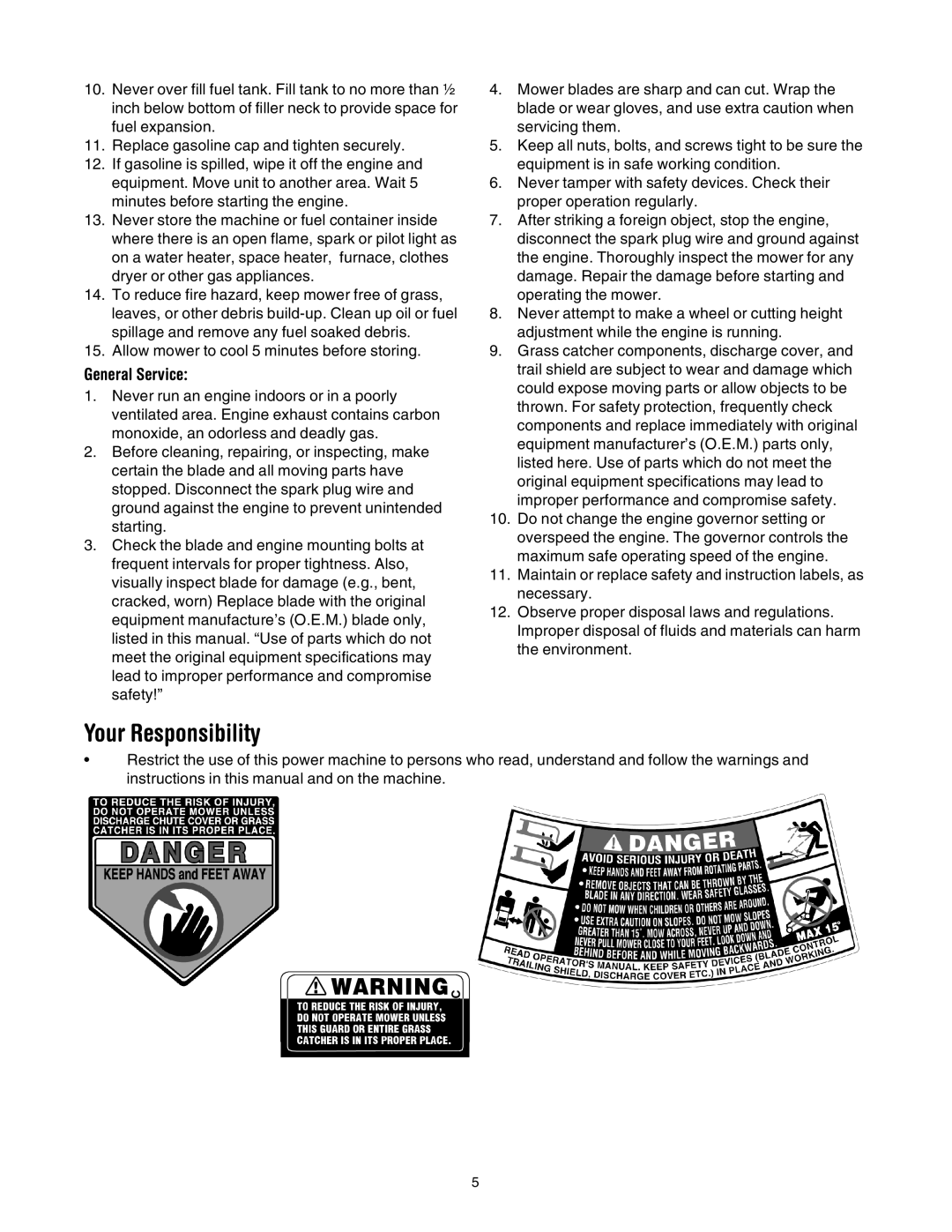 Bolens 544 manual Your Responsibility, General Service 