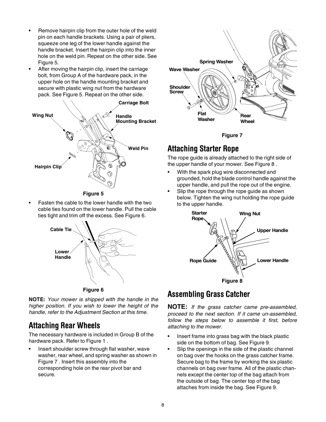 Bolens 544 manual Attaching Rear Wheels, Attaching Starter Rope, Assembling Grass Catcher 