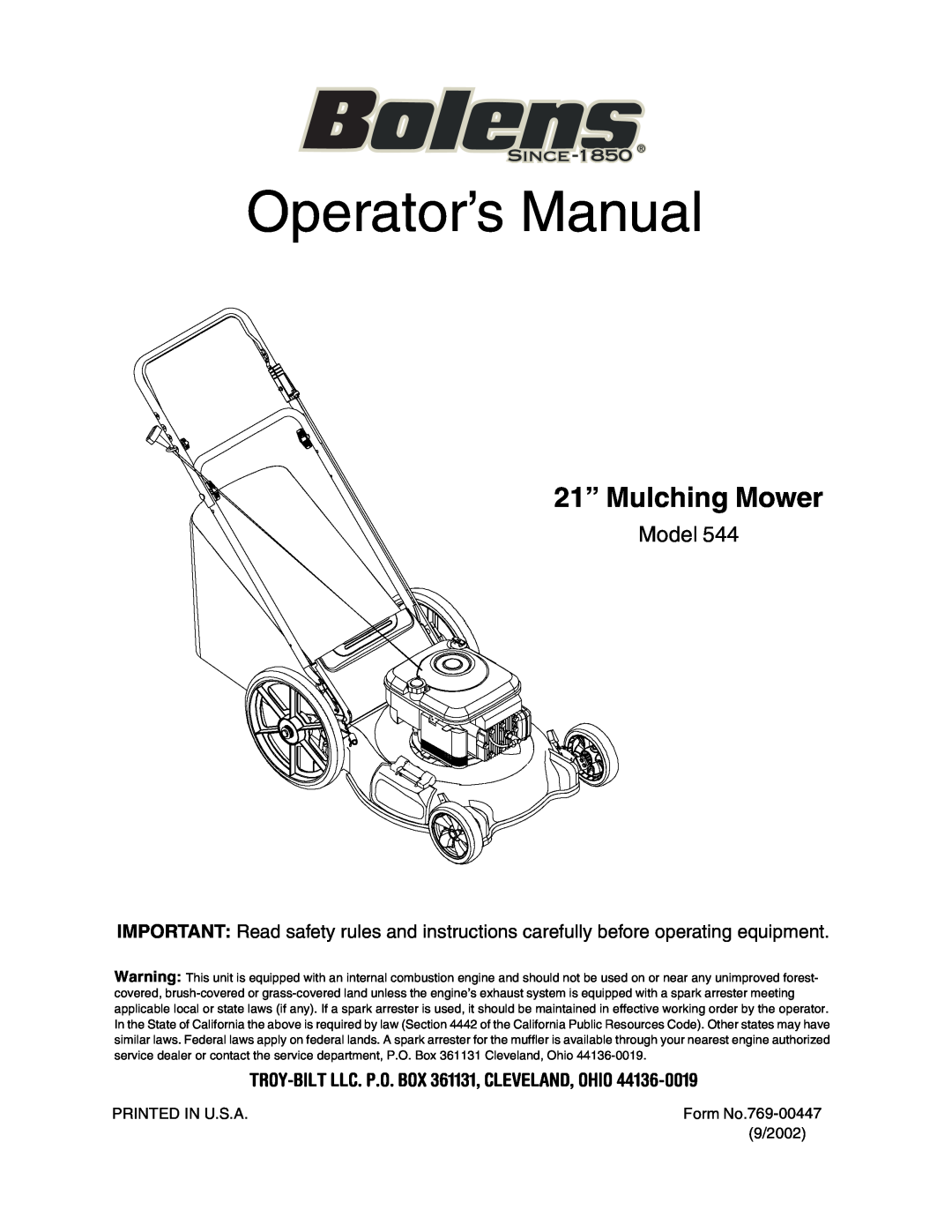 Bolens 544 manual Operator’s Manual, 21” Mulching Mower, Model, TROY-BILT LLC. P.O. BOX 361131, CLEVELAND, OHIO 