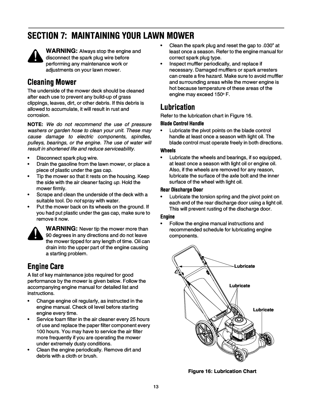 Bolens 544 manual Maintaining Your Lawn Mower, Cleaning Mower, Engine Care, Lubrication, Wheels, Rear Discharge Door 
