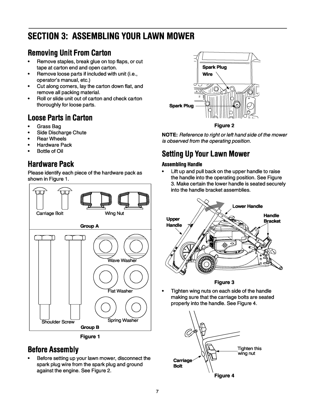 Bolens 544 Assembling Your Lawn Mower, Removing Unit From Carton, Loose Parts in Carton, Hardware Pack, Before Assembly 