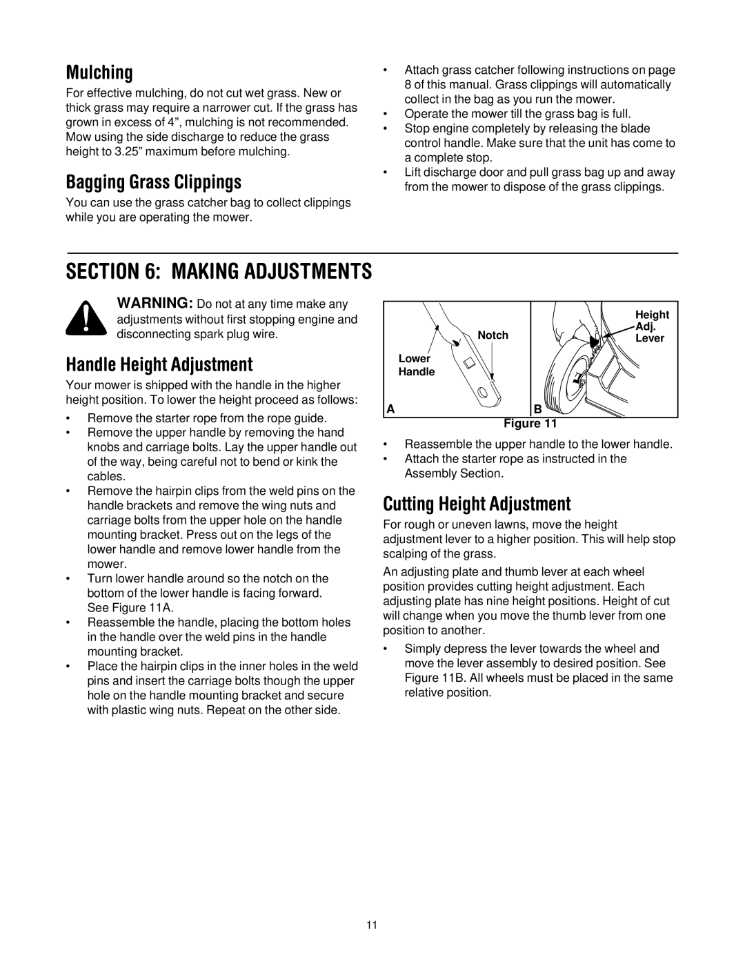 Bolens 546 manual Mulching, Bagging Grass Clippings, Handle Height Adjustment, Cutting Height Adjustment 