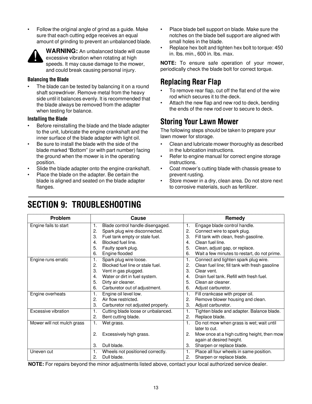 Bolens 546 manual Troubleshooting, Replacing Rear Flap, Storing Your Lawn Mower, Balancing the Blade, Installing the Blade 