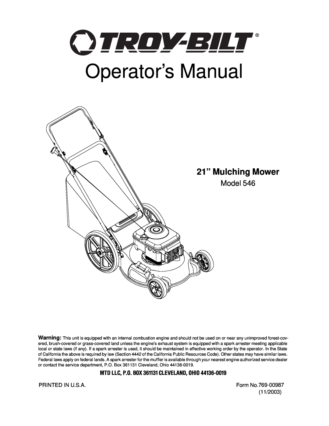 Bolens 546 manual MTD LLC, P.O. BOX 361131 CLEVELAND, OHIO, Operator’s Manual, 21” Mulching Mower, Model 