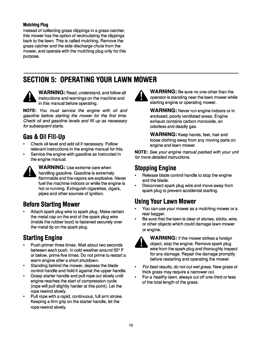 Bolens 546 manual Operating Your Lawn Mower, Gas & Oil Fill-Up, Stopping Engine, Before Starting Mower, Starting Engine 
