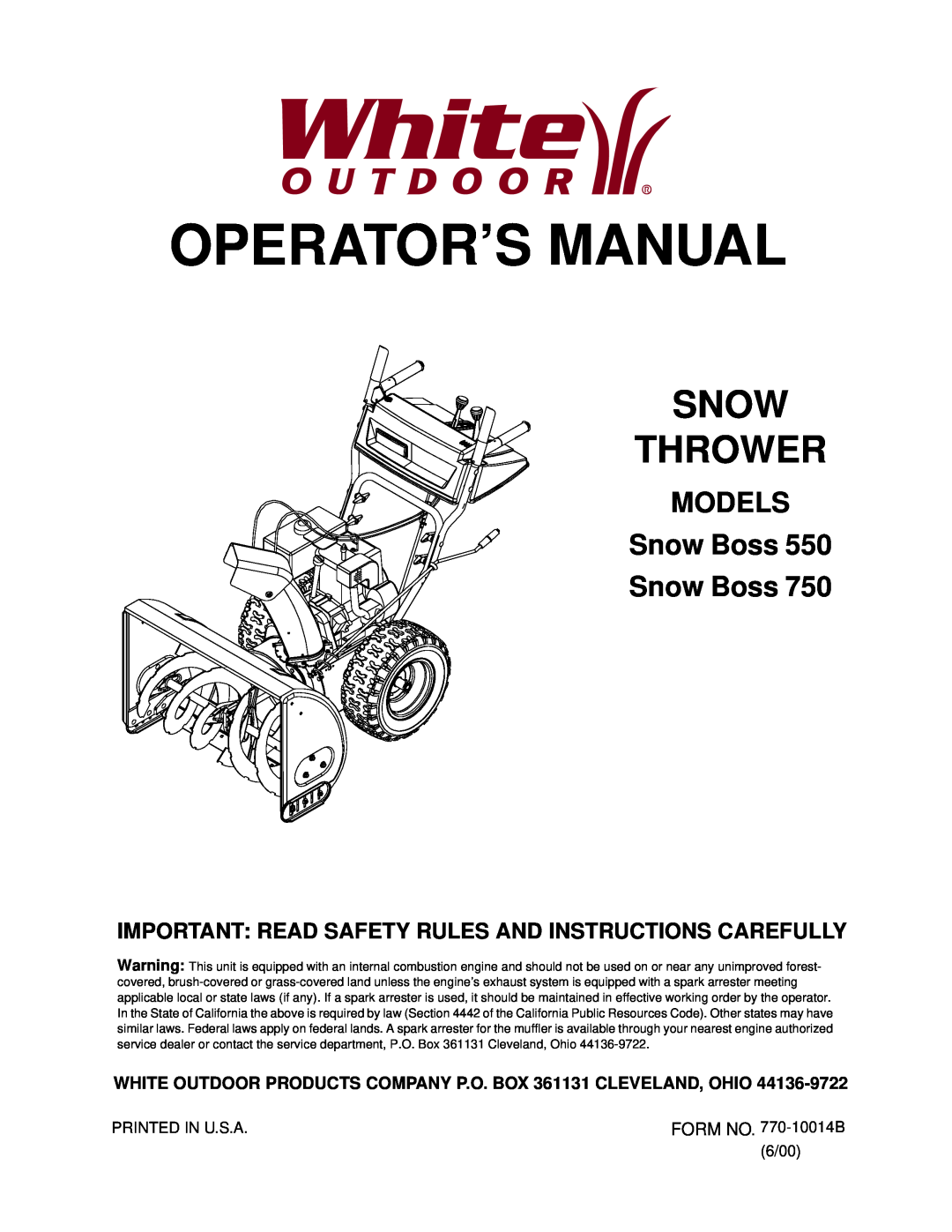 Bolens 750, 550 manual Operator’S Manual, Snow Thrower, MODELS Snow Boss Snow Boss 