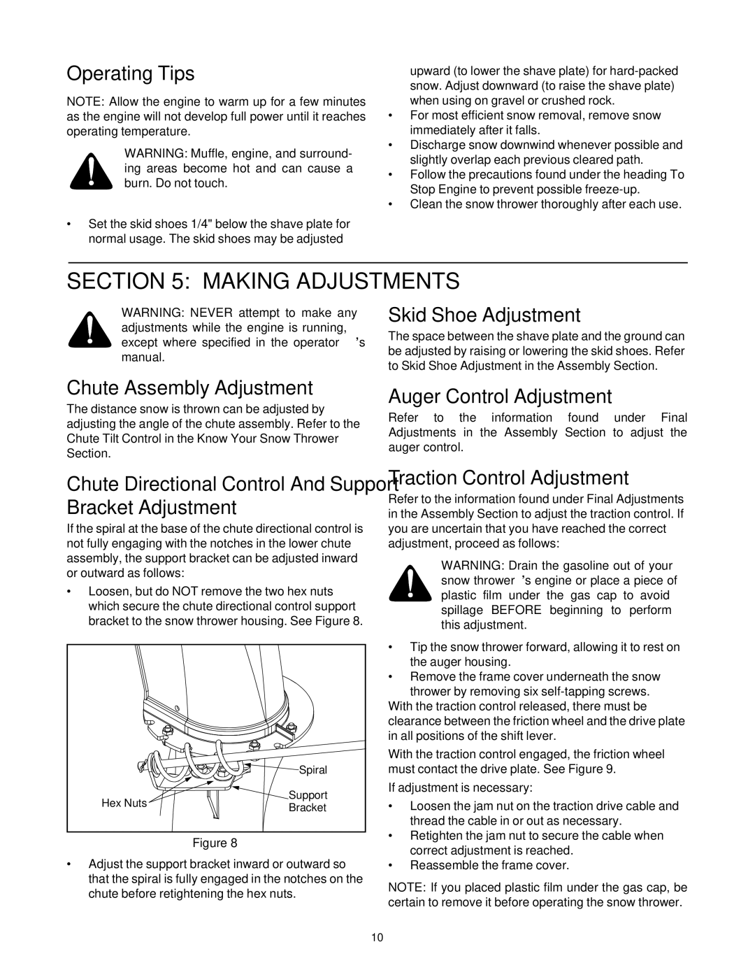 Bolens 550, 750 manual Operating Tips, Skid Shoe Adjustment, Chute Assembly Adjustment, Auger Control Adjustment 